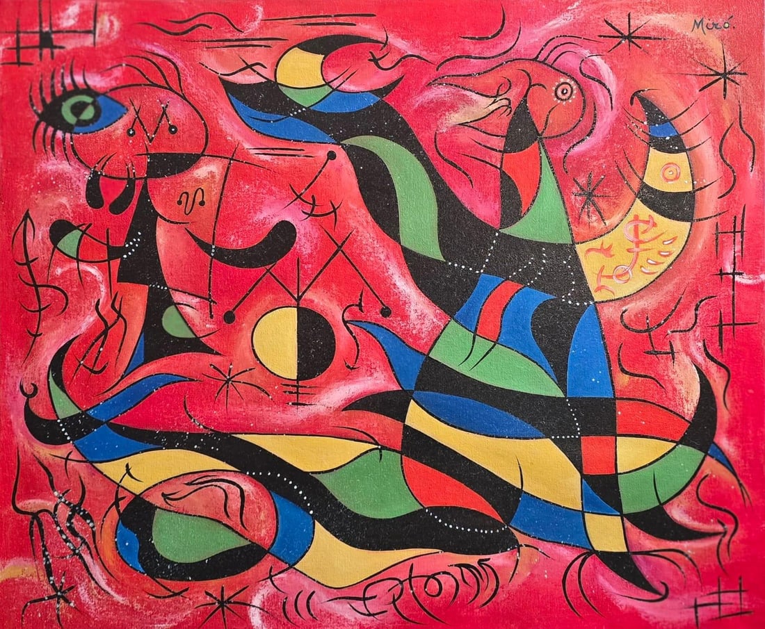 Joan Miró Spanish (1893–1983) Oil on canvas, in the style of the Dali, Magritte, Chagall Era: Title: Carnival of Forms Technique: Oil on canvas Measures: 20 x 24 inches (approx.) Year: Mid-20th Century (circa 1950s) Condition: Good Provenance:First acquired in 1956 by Monsieur Jacques Moreau, 