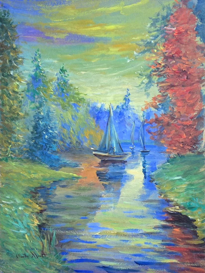 Claude Monet, French (1840–1926) Oil on canvas, in the style of the Renoir, Sisley, Pissarro: Title: Sailboats on the River Technique: Oil on canvas Measures: 15 x 12 inches Year: Circa 1885 Condition: Good Provenance:Acquired directly from a Paris dealer by Monsieur Jacques Morel in 1890, a c