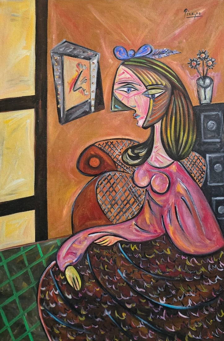 Pablo Picasso, Spanish (1881–1973) Oil on canvas, in the style of the Dali, Magritte, Chagall: Title: Seated Woman with Mirror Technique: Oil on canvas Measures: 24 x 15 inches Year: 1939 Condition: Good Provenance:Painted in March 1939 and first recorded in the collection of Monsieur Henri Dub