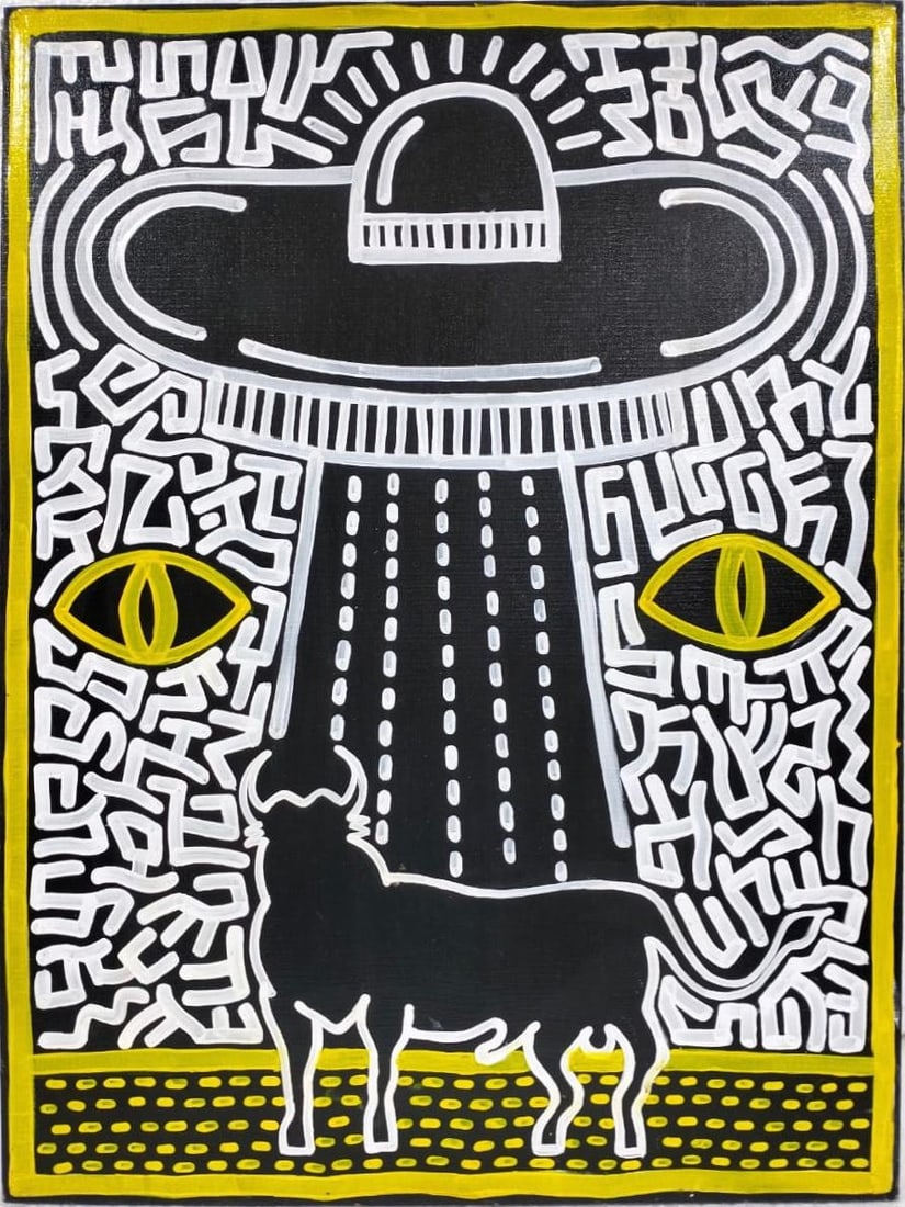 Keith Haring, American (1958–1990)  Acrylic on canvas, in the style of the Basquiat, Scharf Era (1 of 8)
