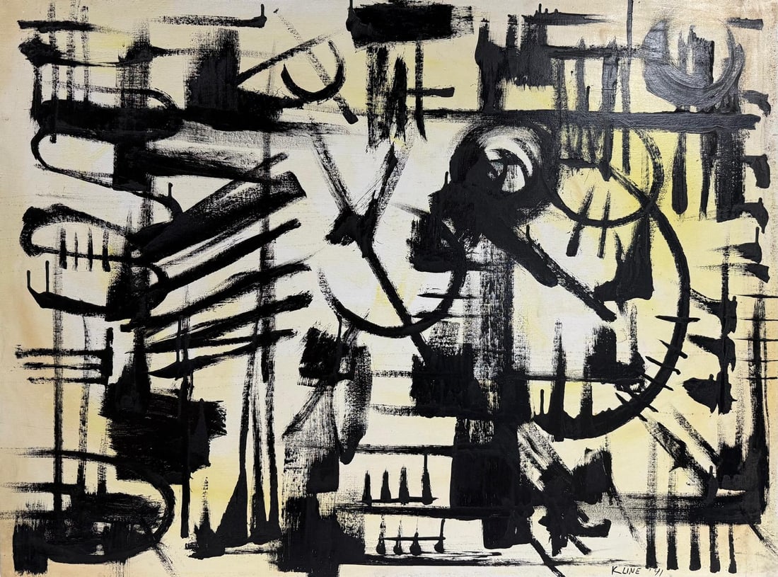 Franz Kline American (1910–1962) Oil on canvas in the style of, the de Kooning, Pollock Era: Title: Black Structure on White Technique: Oil on canvas Measures: 35 x 47 inches Year: 1951 Condition: Very Good Provenance: Acquired directly from the artist’s New York studio in 1952 by Robert an