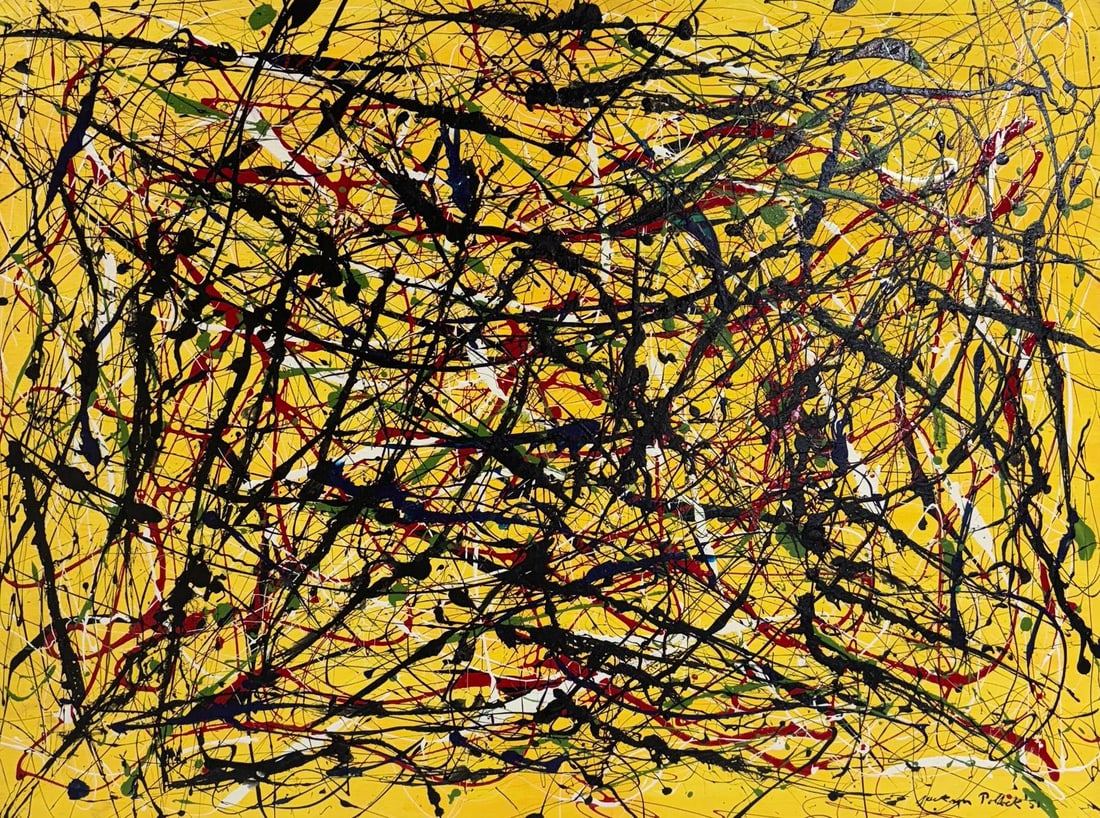 Jackson Pollock American (1912–1956) Oil and enamel on canvas in the style of, the de Kooning: Title: Constellation on Yellow Technique: Oil and enamel on canvas Measures: 35 x 47 inches Year: 1950 Condition: Very Good Provenance: Acquired directly from the artist’s circle in Springs, East Ha