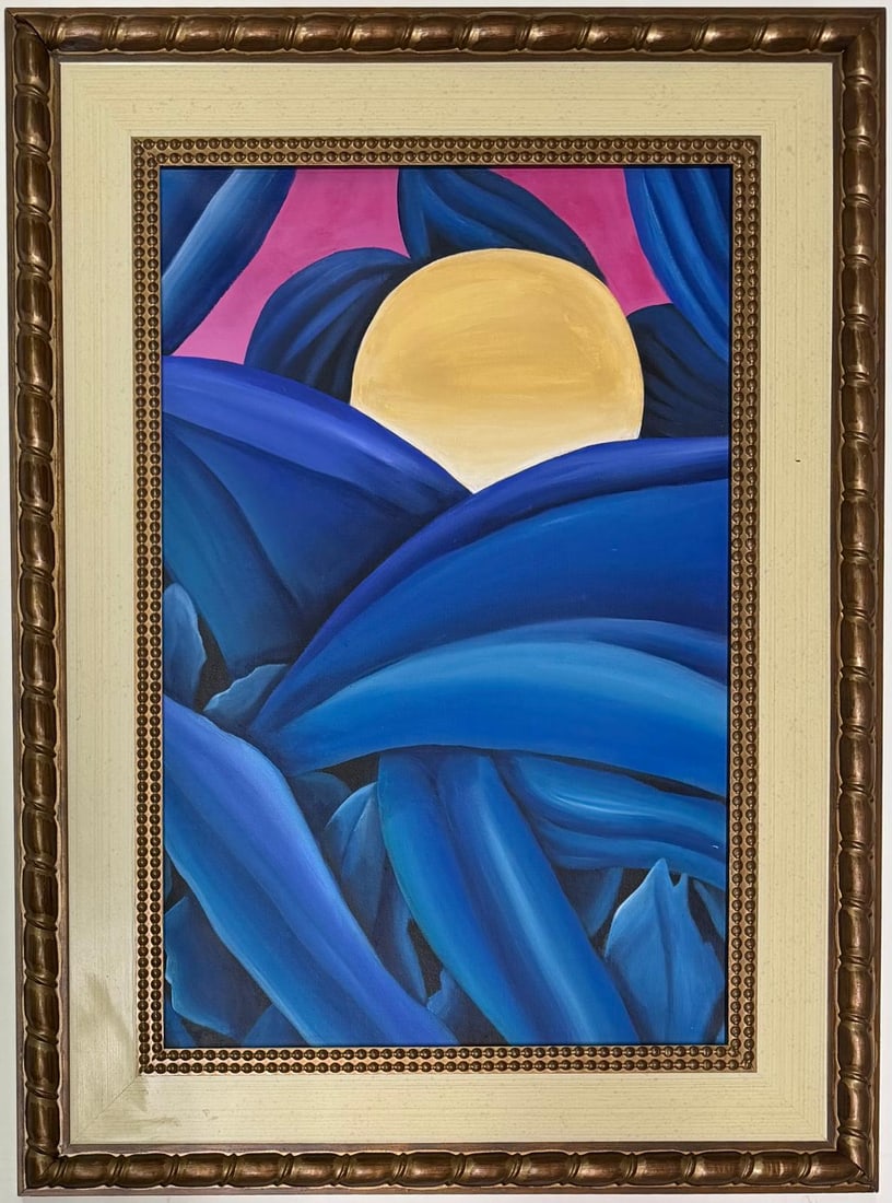 Georgia O’Keeffe American (1887–1986) Oil on canvas in the style of, the Stieglitz Era: Title: Moonrise Over Blue Folds Technique: Oil on canvas Measures: 24 x 16 inches Provenance: Acquired directly from the artist’s studio in Abiquiú, New Mexico, 1942, by Margaret Ellison, a Santa F