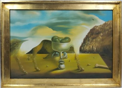 Salvador Dalí Spanish (1904–1989)  Oil on canvas  in the style of, the Magritte, Ernst, Tanguy