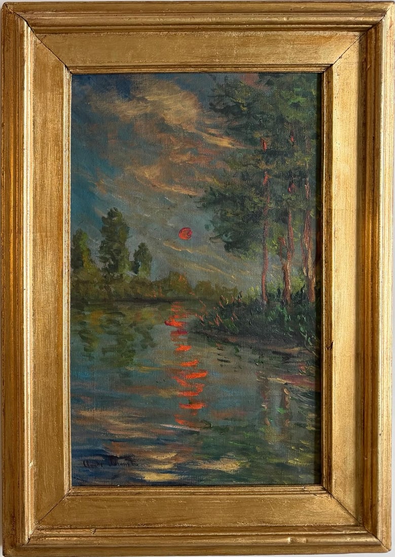 Claude Monet French (1840–1926) Oil on canvas in the style of, the Renoir, Sisley, Pissarro: Title: Sunset over the Riverbank Technique: Oil on canvas Measures: 18 x 11 inches Year: Circa 1885 Condition: Very good Provenance: Acquired in Paris in 1886 by Monsieur Louis Moreau, a noted French