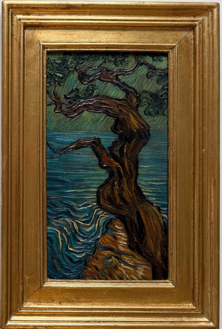Vincent van Gogh Dutch (1853–1890) Oil on canvas in the style of, the Gauguin, Bernard Era: Title: Coastal Tree with Waves Technique: Oil on canvas Measures: 13 x 11 inches Year: Circa 1888 Condition: Very good Provenance: Painted during Van Gogh’s period in the south of France, likely Arl