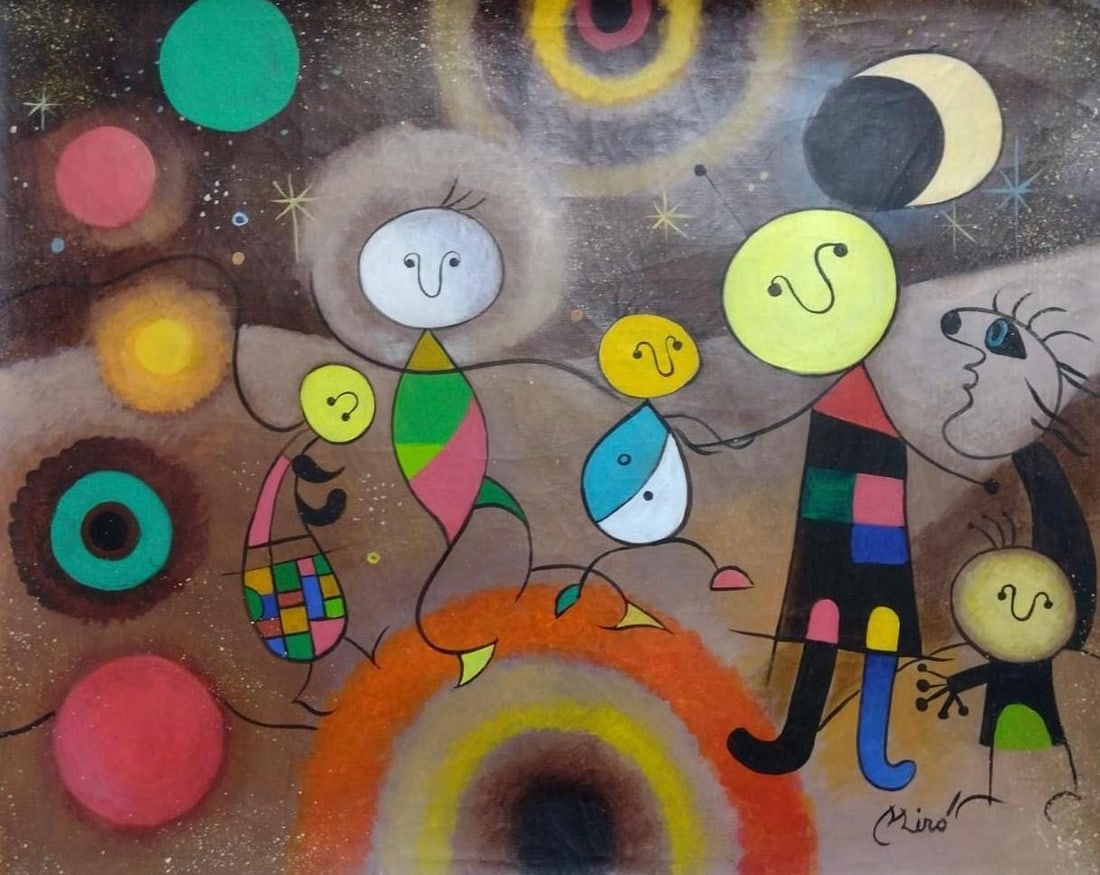 Joan Miro Spanish 1893 - 1983 Oil on Canvas in the style of. Dali, Magritte, & Miro Surrealism Era.: Title: Constellation Family in Orbit Technique: Gouache and ink on paper Measures: 15 x 11 inches Year: circa 1962 Condition: Good Provenance: First acquired from Galería Aurora Naciente, Monteluz, c