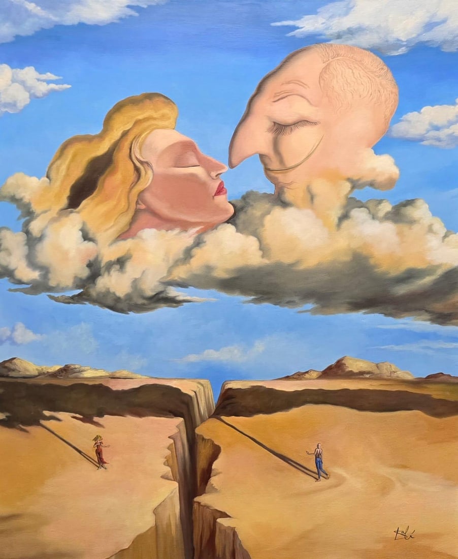 Salvador Dali Spanish 1904 - 1989 Oil on Canvas Painting in the style of. Picasso & Dali Surrealism: Title: Les Amants dans les Nuages Technique: Oil on canvas Measures: 24 x 20 inches Year: 1947 Condition: Good Provenance: Private Collection. Acquired in the early 1970s by art dealer Émile Rochefor