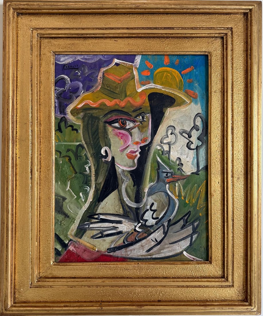 Pablo Picasso Spanish 1881-1973 Oil on Canvas in the style of . Dali,Magritte,Chagall & Picasso Era: Title: Untitled (Woman with Bird in Garden) Technique: Oil on canvas Measures: approximately 16 x 12 inches Year: Undated Condition: Very Good Provenance: From a private European collection. Hand-sign