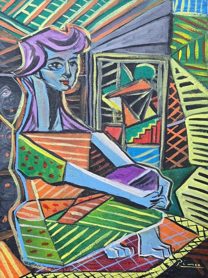 Pablo Picasso Spanish 1881-1973 Oil on Canvas in the style of . Dali,Magritte,Chagall & Picasso Era: Title: Seated Woman in Vibrant Interior Technique: Oil on canvas Measures: 15 x 11 inches Year: circa 1962 Condition: Good Provenance: First shown at Galerie Aurora, Marseille; subsequently held by Co