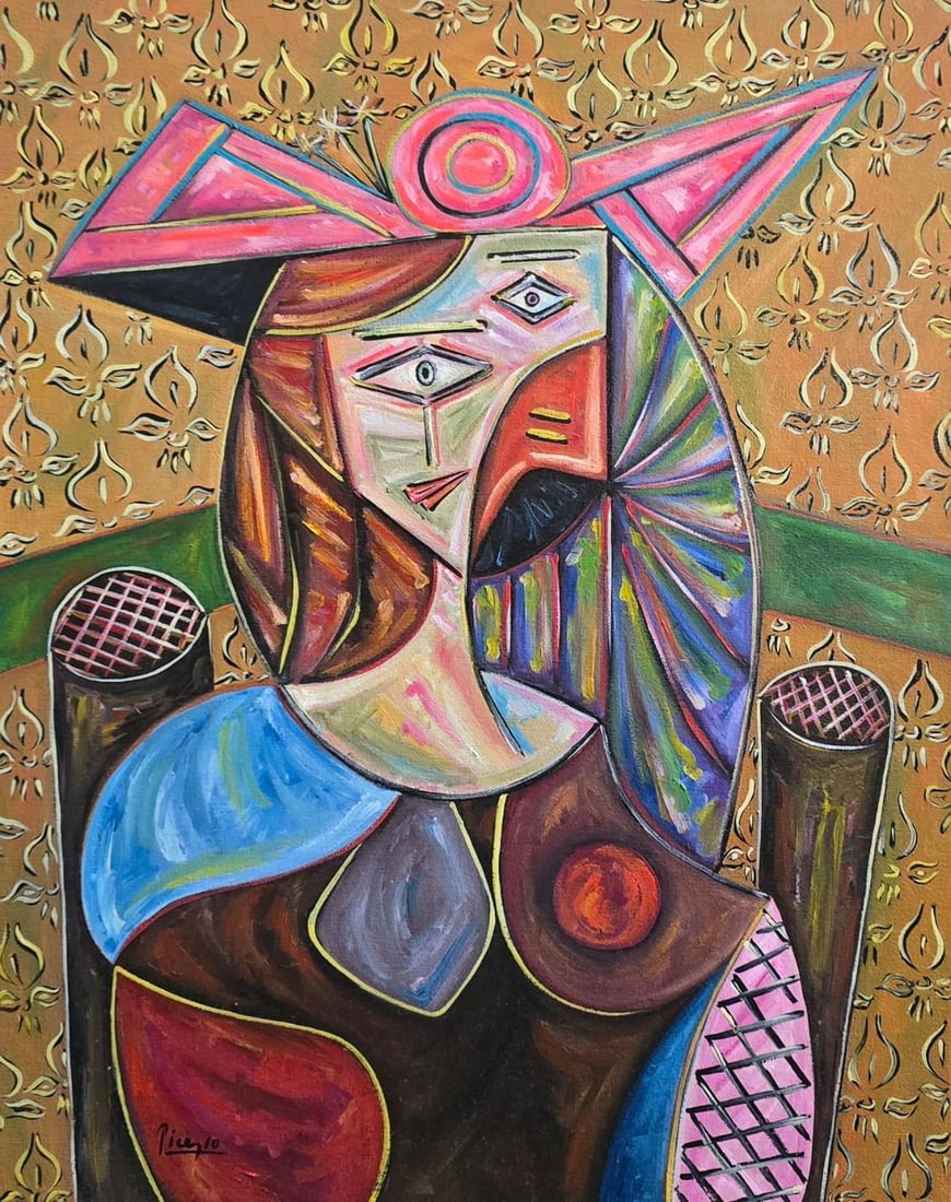 Pablo Picasso Spanish 1881-1973 Oil on Canvas in the style of . Dali,Magritte,Chagall & Picasso Era: Title: Portrait with Pink Headdress Technique: Oil on canvas Measures: 20 x 16 inches Year: circa 1937 Condition: Good Provenance: Exhibited at Maison Ardent, Lyon; later with Atelier Carrière, Lausa