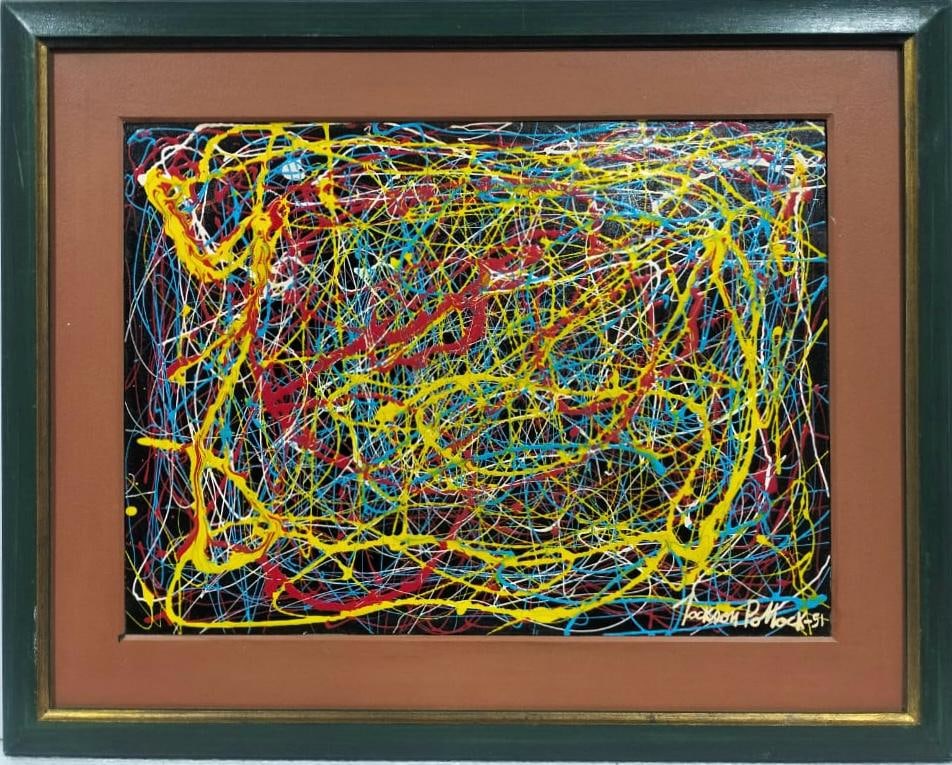 Jackson Pollock American 1912–1956, Oil on Canvas in the style of de Kooning, Rothko, Kline Era: Title: Electric Web of Motion Technique: Enamel and acrylic on canvas Measures: 16 x 22 inches Year: circa 1951 Condition: Good Provenance: Formerly with Galerie Helios, Antwerp; subsequently acquired