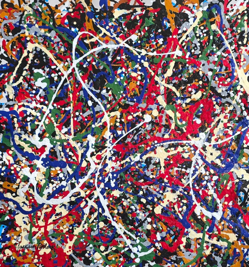 Jackson Pollock American 1912–1956, Oil on Canvas in the style of de Kooning, Rothko, Kline Era: Title: Rhythms in Red and White Technique: Enamel and acrylic on canvas Measures: 21 x 20 inches Year: circa 1952 Condition: Good Provenance: Acquired from Galleria Nova, Florence, 1978; subsequently