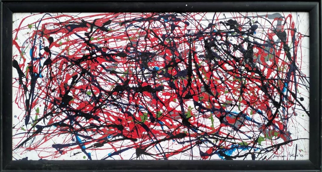 Jackson Pollock American 1912–1956, Oil on Canvas in the style of de Kooning, Rothko, Kline Era: Title: Scarlet Momentum Technique: Enamel and acrylic on canvas Measures: 23 x 47 inches Year: circa 1951 Condition: Good Provenance: Galerie Horizonte, Vienna, 1982; acquired by Atelier Mariani, Mila