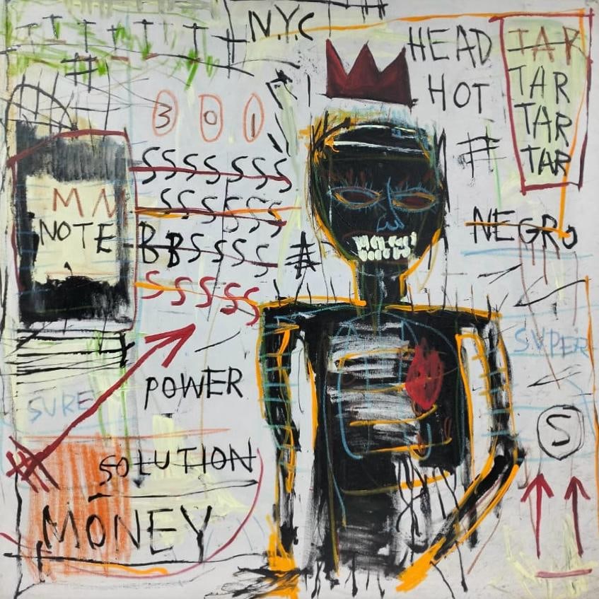 Jean-Michel Basquiat American 1960–1988, Oil on Canvas in the style of Warhol, Haring, Schnabel: Title: Crowned Skeleton with Power Words Technique: Acrylic and oilstick on canvas Measures: 34 x 34 inches Year: 1982 Condition: Good Provenance: Galerie du Passage, Lausanne, 1986; later with Atelie
