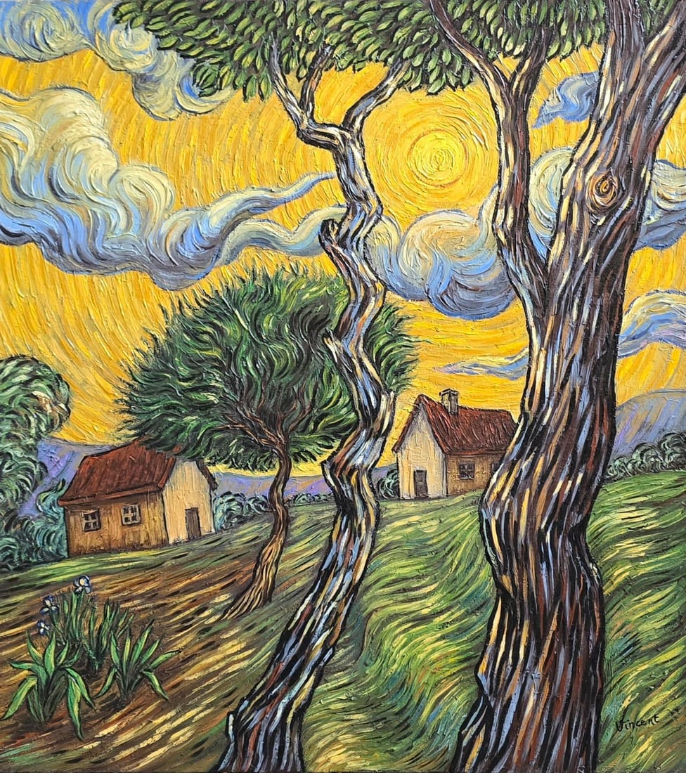 Vincent Van Gogh Dutch 1853-1890 Oil on Canvas painting in the style of. Gaugin, Monet, Degas Period: Title: Houses Beneath the Golden Sky Technique: Oil on canvas Measures: 15 x 11 inches Year: circa 1889 Condition: Good Provenance: Galerie Aurora, Copenhagen, 1927; later with Kunsthaus Brünner, Zü