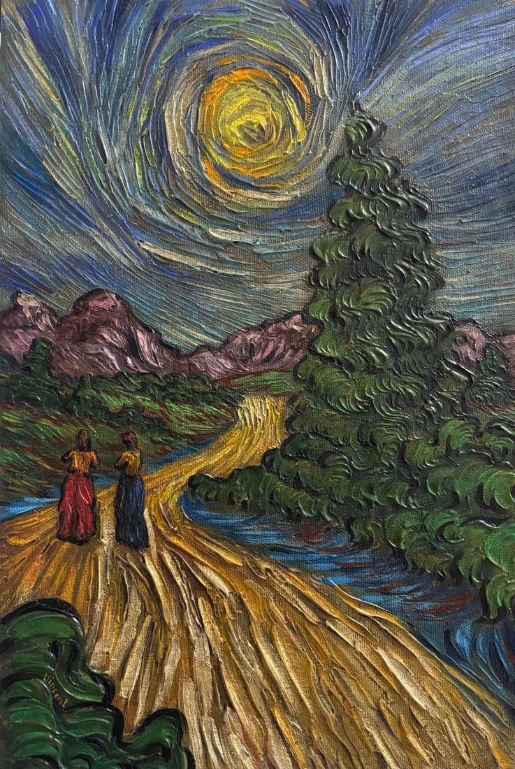 Vincent Van Gogh Dutch 1853-1890 Oil on Canvas painting in the style of. Gaugin, Monet, Degas Period: Title: Path Under the Swirling Moon Technique: Oil on canvas Measures: 15 x 9 inches Year: circa 1889 Condition: Good Provenance: Galerie Monteluce, Florence, 1932; transferred to Kunsthalle Linden, H