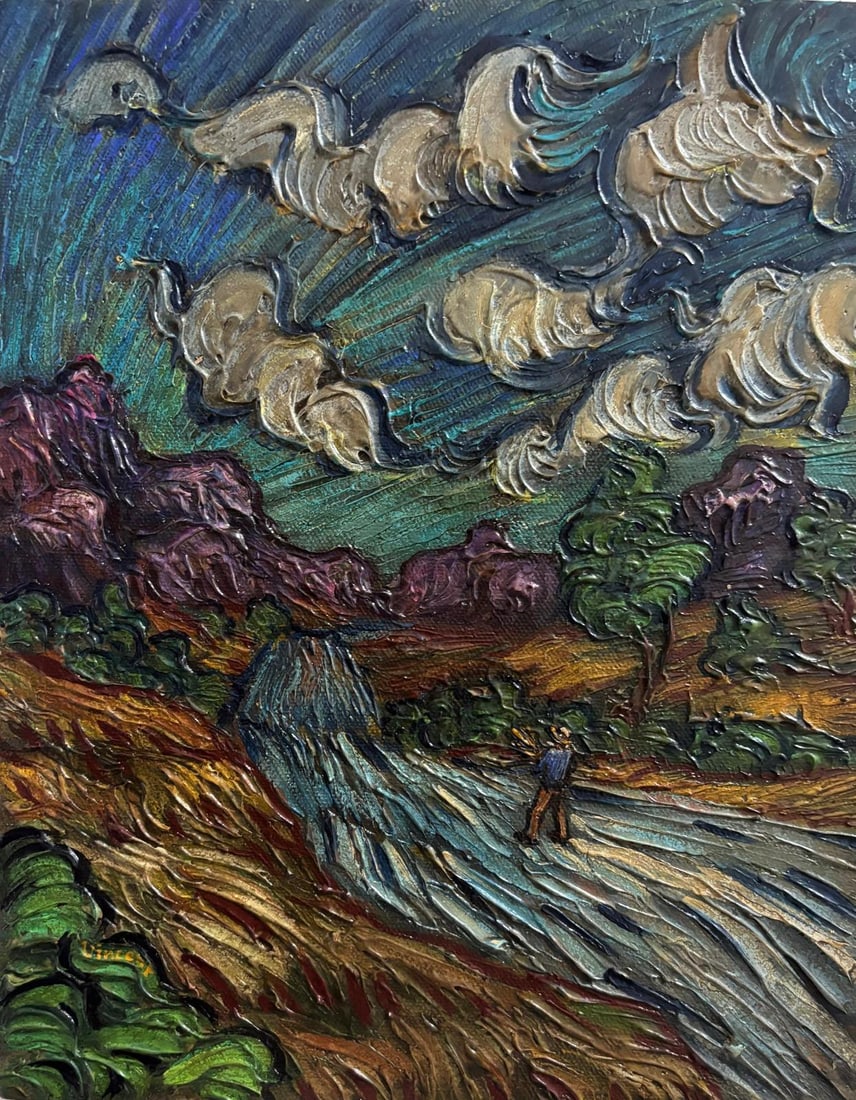 Vincent Van Gogh Dutch 1853-1890 Oil on Canvas painting in the style of. Gaugin, Monet, Degas Period: Title: Figure Beneath the Wind-Swept Clouds Technique: Oil on canvas Measures: 9 x 7 inches Year: circa 1888 Condition: Good Provenance: Galerie du Rivage, Lyon, 1927; transferred to Sammlung Riedel,