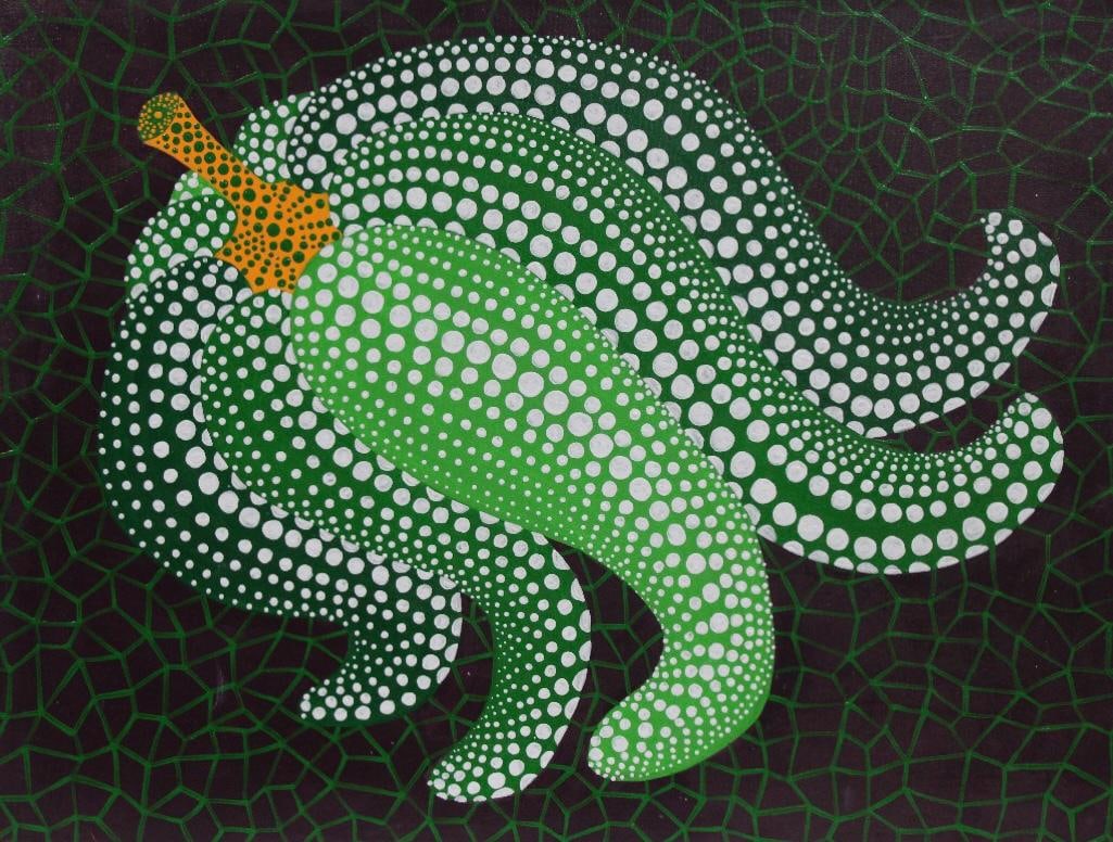 Yayoi Kusama Japonese, Acrylic on canvas in the style of Warhol, Cornell, Judd, Oldenburg: Title: Green Pumpkin with Black Net Field Technique: Acrylic on canvas Measures: 23 x 31 inches Year: 2000 Condition: Good Provenance: Galerie Prisma, Antwerp, 2001; exhibited at Maison des Formes, Ly