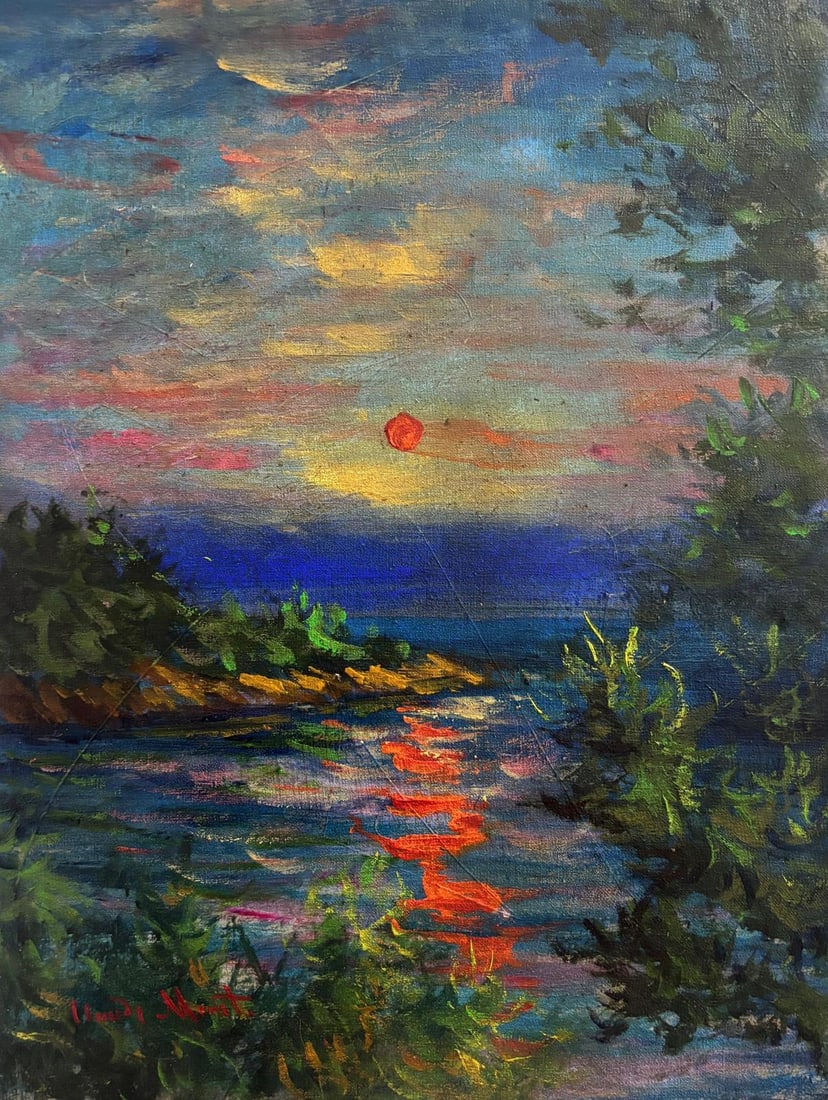 Claude Monet French 1840 - 1926 Oil on Canvas in the style of. Renoir & Manet Impressionist Era.: Title: Sunset over the Quiet Bay Technique: Oil on canvas Measures: 12 x 9 inches Year: circa 1890 Condition: Good Provenance: Galerie Harmonie, Brussels, 1895; later acquired by Maison Fontaine, Pari