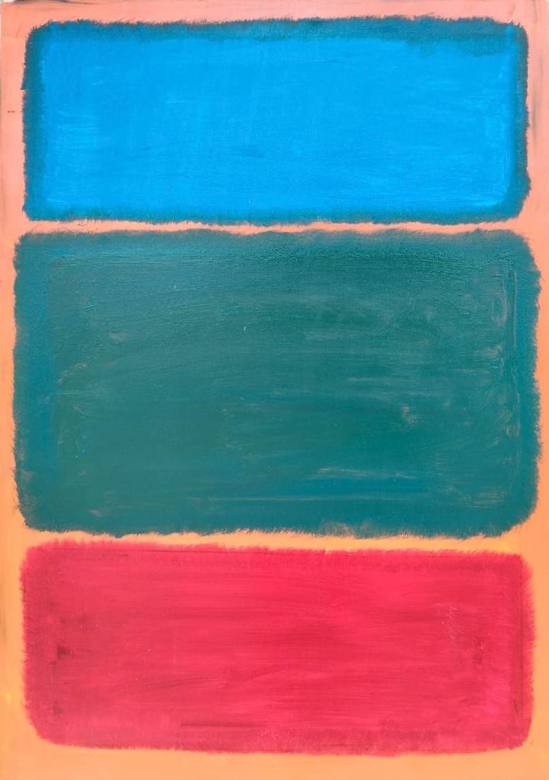 Mark Rothko Russian 1903 - 1970 Oil on Canvas painting in the style of. Pollock, Kline, Abstract Era: Title: Blue, Green, and Red on Rose Ground Technique: Oil on canvas Measures: 55 x 39 inches Year: circa 1955 Condition: Good Provenance: Galerie Horizon, Antwerp, 1960; with Studio Marquand, Basel, 1