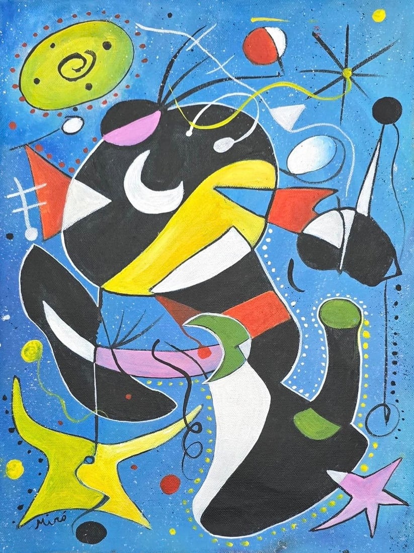 Joan Miro Spanish 1893 - 1983 Oil on Canvas in the style of. Dali, Magritte, & Miro Surrealism Era.: Title: Constellation of the Dreaming Figure Technique: Gouache and oil on canvas Measures: 15 x 11 inches Year: circa 1956 Condition: Good Provenance: Galerie Astralis, Basel, 1962; Atelier Luminare, 