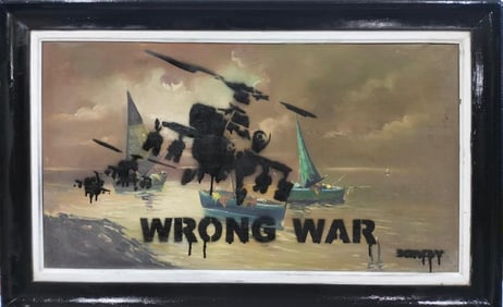 Banksy, English street artist, Oil on canvas, in the style of Priest, Stik