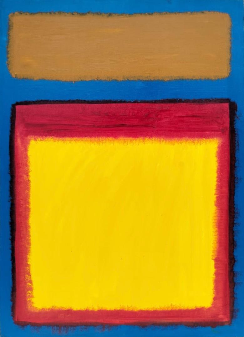 Mark Rothko Russian 1903 - 1970 Oil on Canvas painting in the style of. Pollock, Kline, Abstract Era: Title: Yellow, Red, and Ochre on Blue Technique: Oil on canvas Measures: 51 x 47 inches Year: circa 1952 Condition: Good Provenance: First exhibited at Galerie Altmann, Düsseldorf, 1960; subsequently