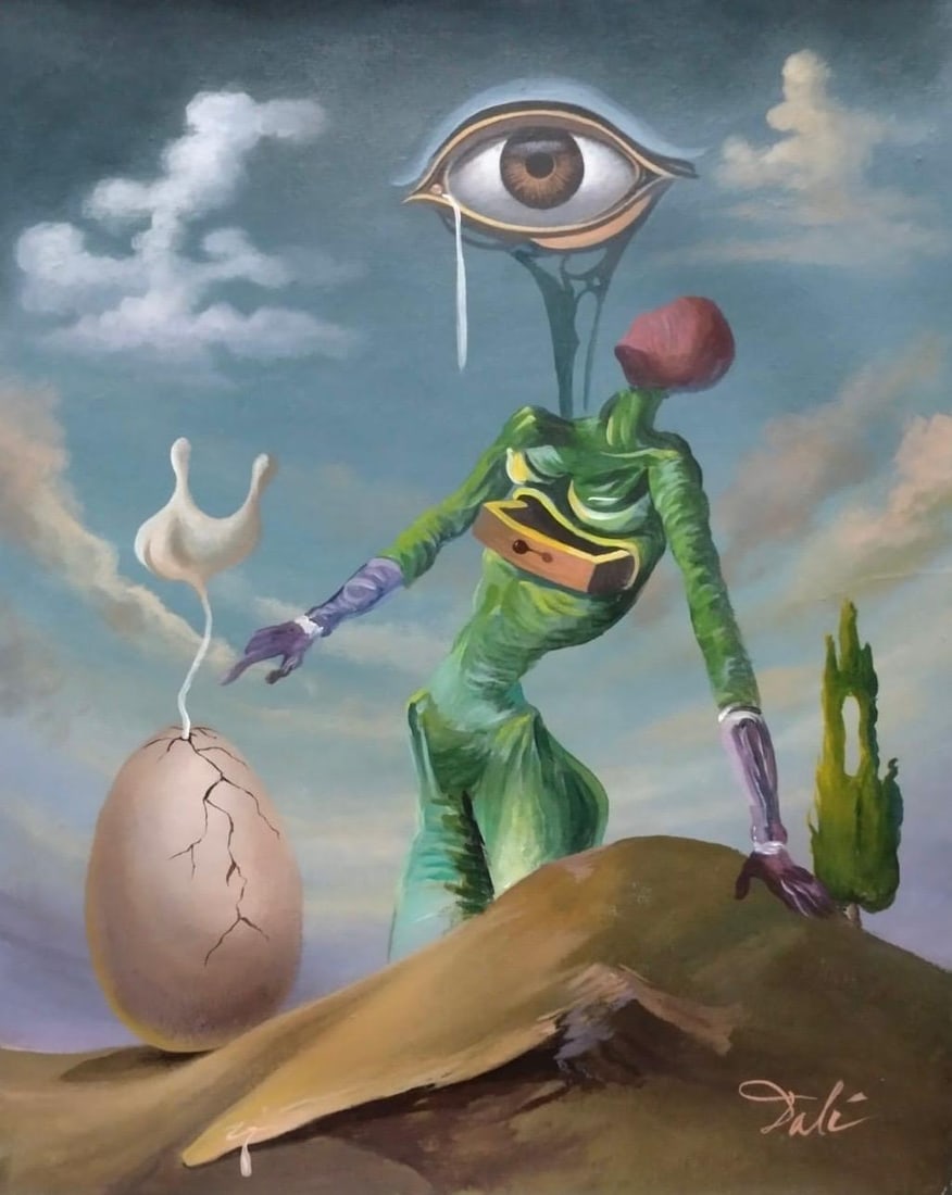 Salvador Dali Spanish 1904 - 1989 Oil on Canvas Painting in the style of. Picasso & Dali Surrealism: Item DetailsDescription Title: Vision of the Cracked Egg Technique: Oil on canvas Measures: 19 x 15 inches (approx.) Year: Mid-20th Century (circa 1950s–1960s) Condition: GoodProvenance:First acquir