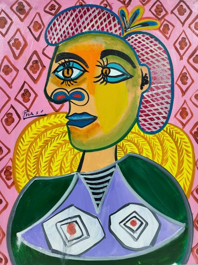 Pablo Picasso Spanish 1881-1973 Oil on Canvas in the style of . Dali,Magritte,Chagall & Picasso Era: Title: Buste de Femme Technique: Oil on canvas Measures: 31 x 23 in Year: 1969 Condition: GoodProvenance: Private collection. Acquired in 1974 by Jean-Luc Morel from an estate sale in Aix-en-Provence;