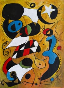 Joan Miro Spanish 1893 - 1983 Oil on Canvas in the style of. Dali, Magritte, & Miro Surrealism Era.