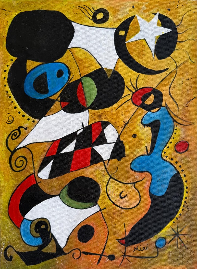 Joan Miro Spanish 1893 - 1983 Oil on Canvas in the style of. Dali, Magritte, & Miro Surrealism Era.: Title: Woman Dreaming Under the Stars Technique: Oil on canvas Measures: 16 x 12 in Year: 1962 Condition: GoodProvenance: Acquired by Antonio Serrat in Palma de Mallorca in the early 1970s; gifted to 