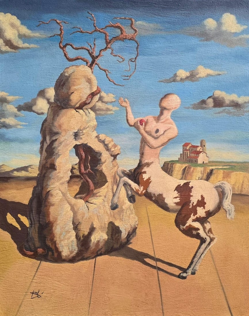 Salvador Dali Spanish 1904 - 1989 Oil on Canvas Painting in the style of. Picasso & Dali Surrealism: Title: Centaur’s Offering at the Edge of Memory Technique: Oil on canvas Measures: 20 x 16 in Year: 1947 Condition: GoodProvenance: Acquired by Hernando Ruiz in Madrid in the early 1950s; passed to