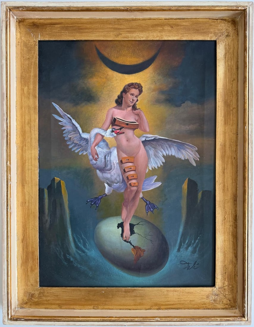 Salvador Dali Spanish 1904 - 1989 Oil on Canvas Painting in the style of. Picasso & Dali Surrealism: Title: Leda Reassembled Beneath the Crescent Moon Technique: Oil on canvas Measures: 27 x 20 in Year: 1943 Condition: GoodProvenance: Originally acquired by Lucien Arnaud in Paris during the 1940s. In