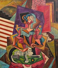 Jean Metzinger French 1883-1956 Oil on canvas painting in the style of. Picasso , Braque Era