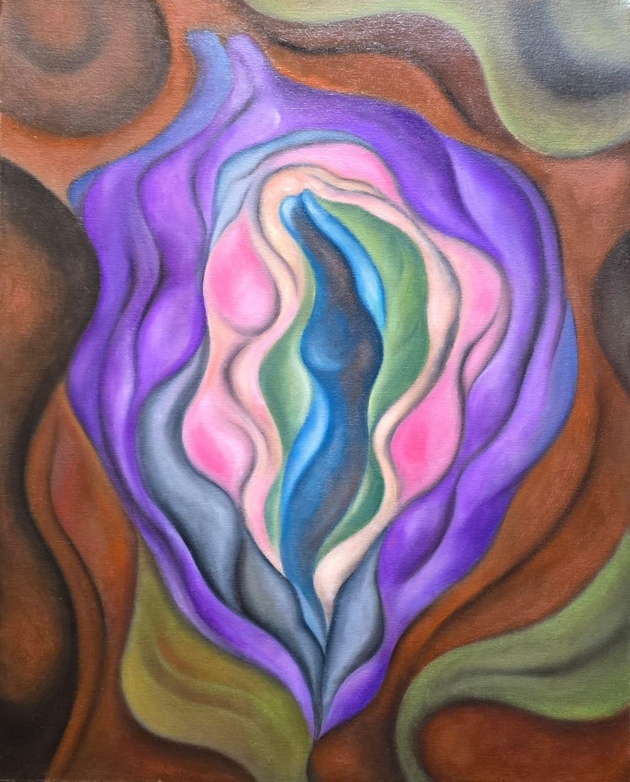 Georgia O'Keeffe American Oil On Canvas Painting in the style of. Pollock & O'Keeffe. Abstract Era: DescriptionTitle: Abstraction in Violet and Blue Technique: Oil on canvas Measures: 20 x 16 inches Year: 1960 Condition: GoodProvenance:Acquired in 1963 by collector Margaret Wallace, New York. Passed