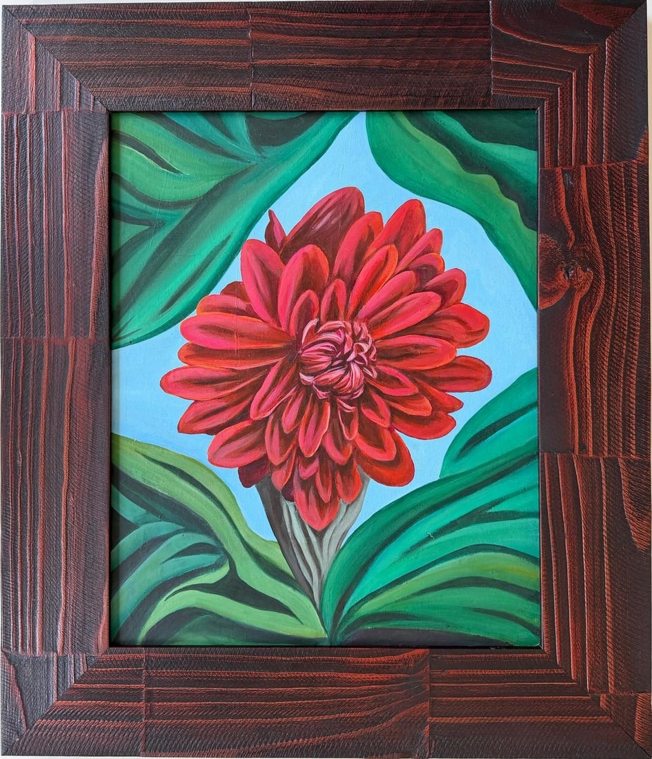 Georgia O'Keeffe American Oil On Canvas Painting in the style of. Pollock & O'Keeffe. Abstract Era: Title: Scarlet Bloom Against Blue Technique: Oil on canvas Measures: 20 x 16 in Year: 1941 Condition: GoodProvenance: Initially acquired in 1943 by Eleanor Whitmore, Santa Fe. Passed by gift to her ni