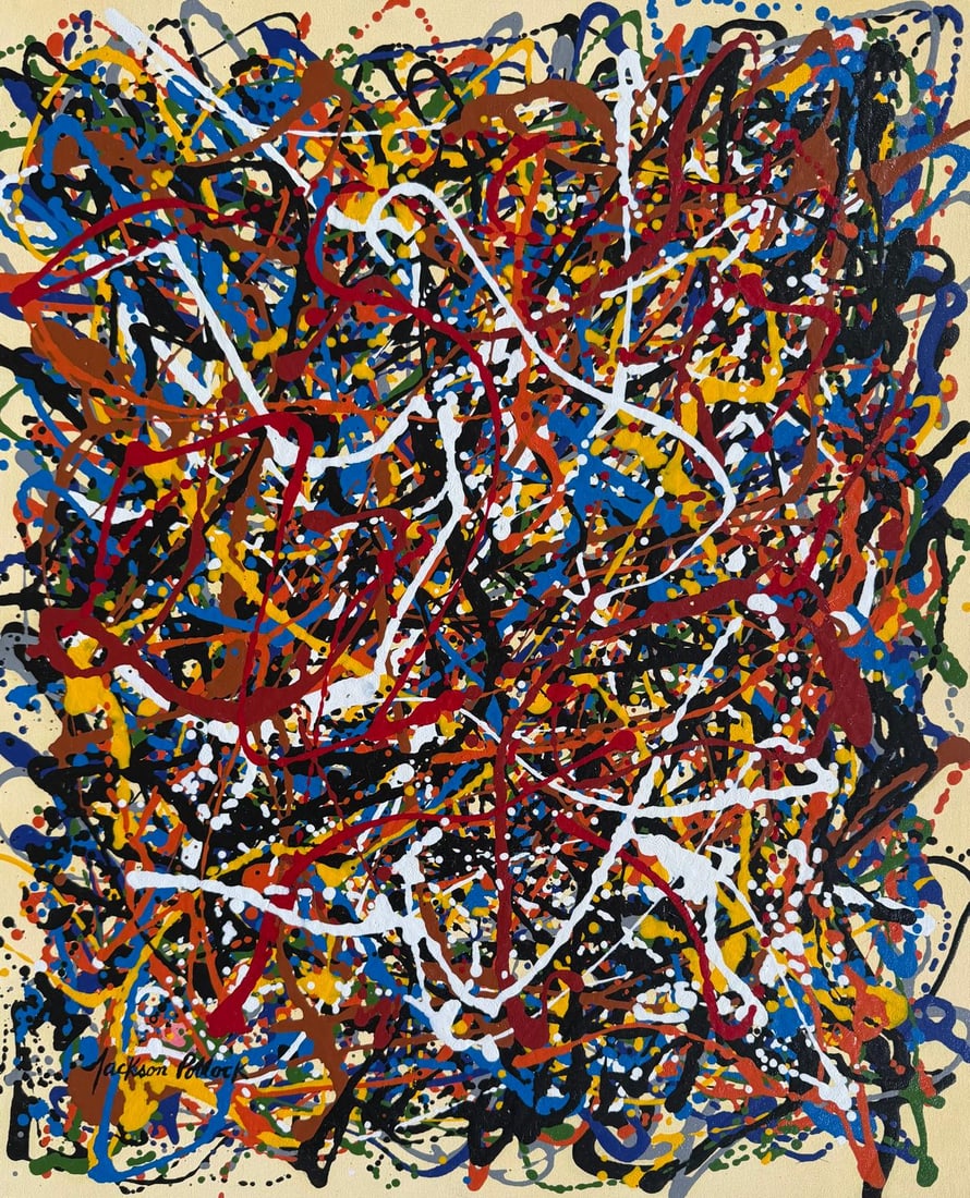 Jackson Pollock American 1912–1956 Oil Paint on Canvas in the style of. de Kooning, Rothko Era: Title: Entangled Motion Technique: Oil on canvas Measures: 21 x 18 in Year: 1950Condition: GoodProvenance: Acquired by Harold Pierce, Montauk, in 1952. Inherited by his niece Clara Moreau in 1978. Sol