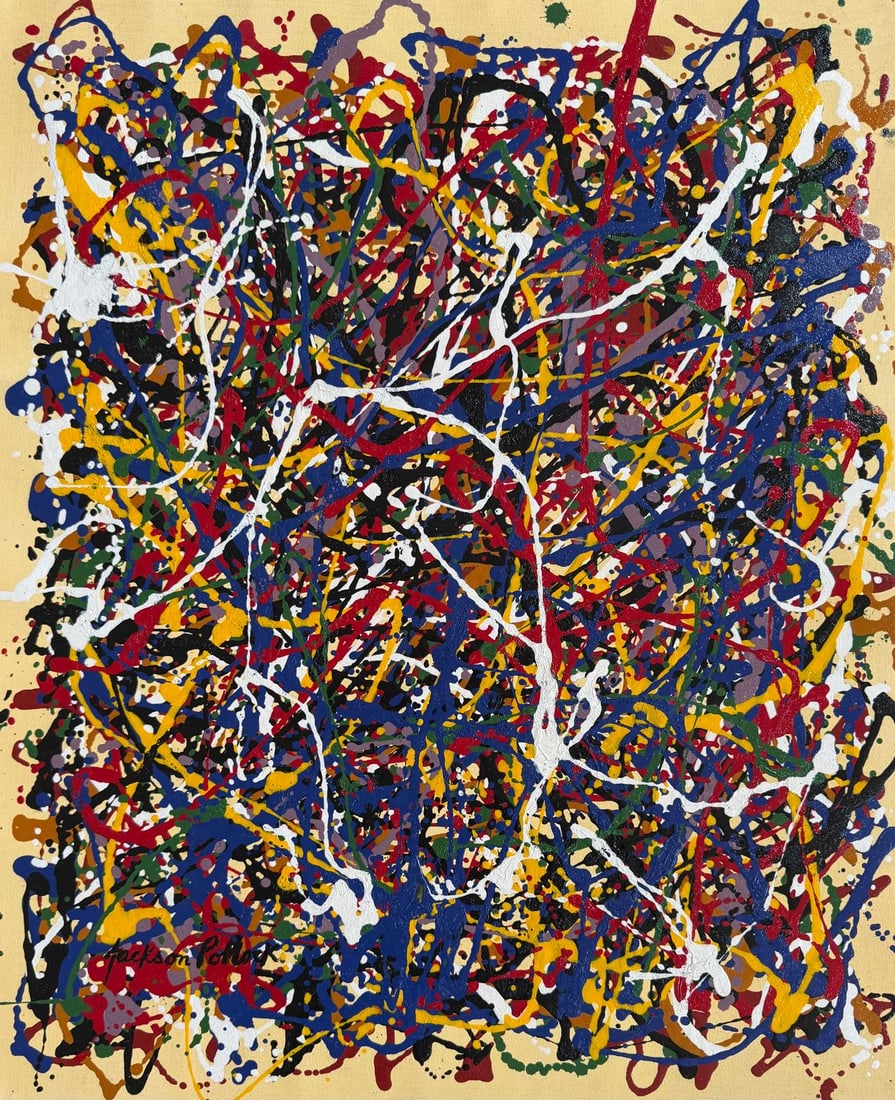 Jackson Pollock American 1912–1956 Oil Paint on Canvas in the style of. de Kooning, Rothko Era: Title: Symphonic Drip Technique: Oil on canvas Measures: 21 x 18 in Year: 1951Condition: GoodProvenance: Formerly in the collection of Léon Mercier, Marseille (acquired in 1954). Later held by his so