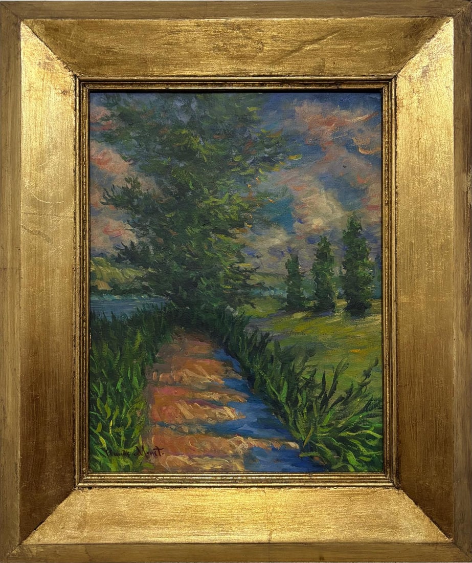 Claude Monet French (1840–1926) Oil on canvas, in the style of. the Renoir, Sisley, Pissarro: Title: Chemin Bordé de Verts au Crépuscule Technique: Oil on Canvas Measures: 19 x 16 in Year: 1889 Condition: GoodProvenance: Private collection; formerly held by Étienne Rolland, Paris, acquired