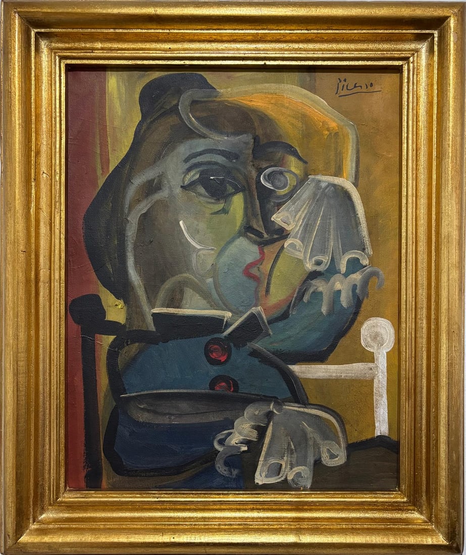 Pablo Picasso Spanish 1881-1973 Oil on Canvas in the style of. Dali,Magritte,Chagall & Picasso Era: Title: Femme au Mouchoir Technique: Oil on Canvas Measures: 23 x 19 in Year: 1947 Condition: GoodProvenance: Private collection; previously held in the estate of Dominique Vallon, later acquired by Lu