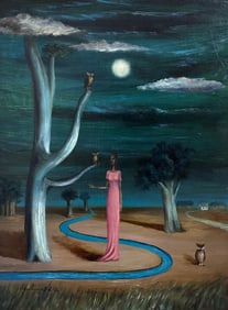 Gertrude Abercrombie American 1907-1977 Oil on Masonite Painting In the Style of Magritte, Dali Era.