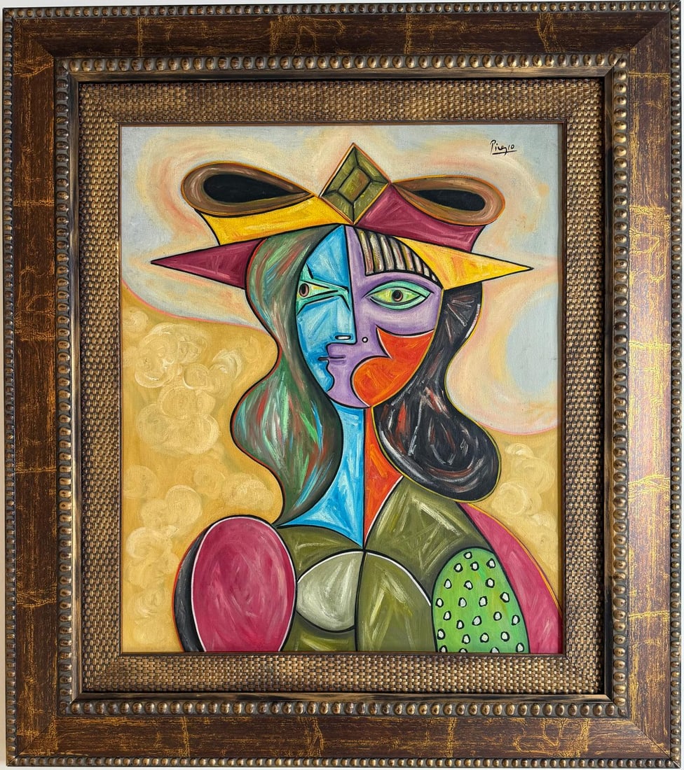 Pablo Picasso Spanish 1881-1973 Oil on Canvas in the style of . Dali,Magritte,Chagall & Picasso Era: Item DetailsDescription Title: Femme au Chapeau à Fond Jaune Technique: Oil on canvas Measures: 24 x 20 inches Year: 1937 Condition: Good Provenance: From a private collector in Spain, this work was
