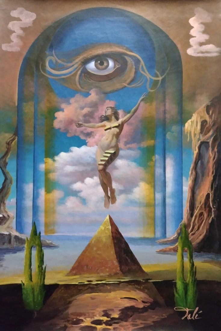 Salvador Dali Spanish 1904 - 1989 Oil on Canvas Painting in the style of. Picasso & Dali Surrealism: Title: Ascension Through the Eye of Time Technique: Oil on Masonite Measures: 23 x 15 in Year: 1954 Condition: GoodProvenance: Originally acquired by Alfonso Rivas-Lorca in Barcelona during the late 1