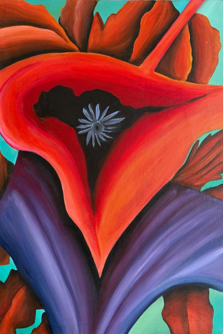 Georgia O'Keeffe American Oil On Canvas Painting in the style of. Pollock & O'Keeffe. Abstract Era: Title: Crimson Bloom Technique: Oil on canvas Measures: 24 x 16 in Year: Circa 1984 Condition: GoodProvenance: Private collection. Originally acquired by Elena Vermeer, a textile designer in Santa Fe,