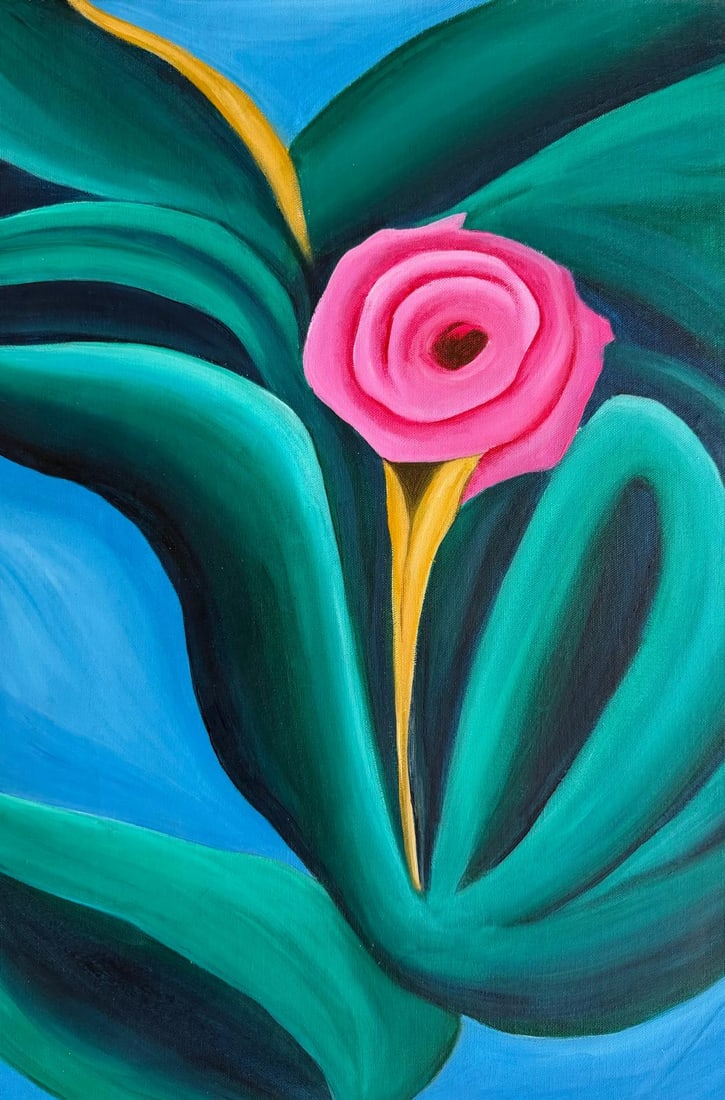 Georgia O'Keeffe American Oil On Canvas Painting in the style of. Pollock & O'Keeffe. Abstract Era: Title: Petal Embrace Technique: Oil on canvas Measures: 23 x 16 in Year: Circa 1986 Condition: GoodProvenance: Private collection. First acquired by Clara Mendès, an interior designer based in Lisbon