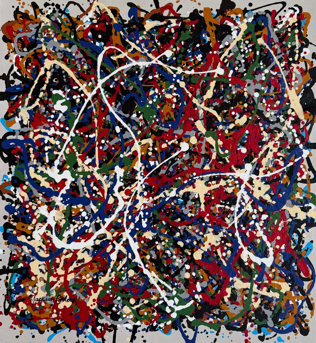 Jackson Pollock American 1912–1956 Oil and Enamel on Canvas in the style of. de Kooning, Rothko: Title: Chromatic Motion Technique: Oil on Canvas Measures: 22 x 20 in Year: Circa 1953 Condition: GoodProvenance: Private collection. Acquired in 1954 by Arthur Delon, a New York-based textile merchan