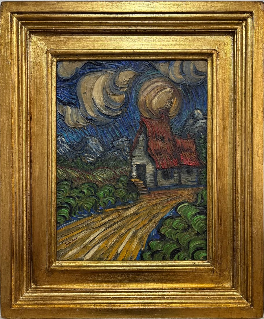 Vincent Van Gogh Dutch 1853-1890 Oil on Canvas painting in the style of. Gaugin, Monet, Degas Period: Title: Cottage Under a Spiraling Sky Technique: Oil on Canvas Measures: 17 x 14 in Year: Circa 1892 Condition: GoodProvenance: Private collection. Acquired in 1895 by Étienne Roux, a Parisian booksel