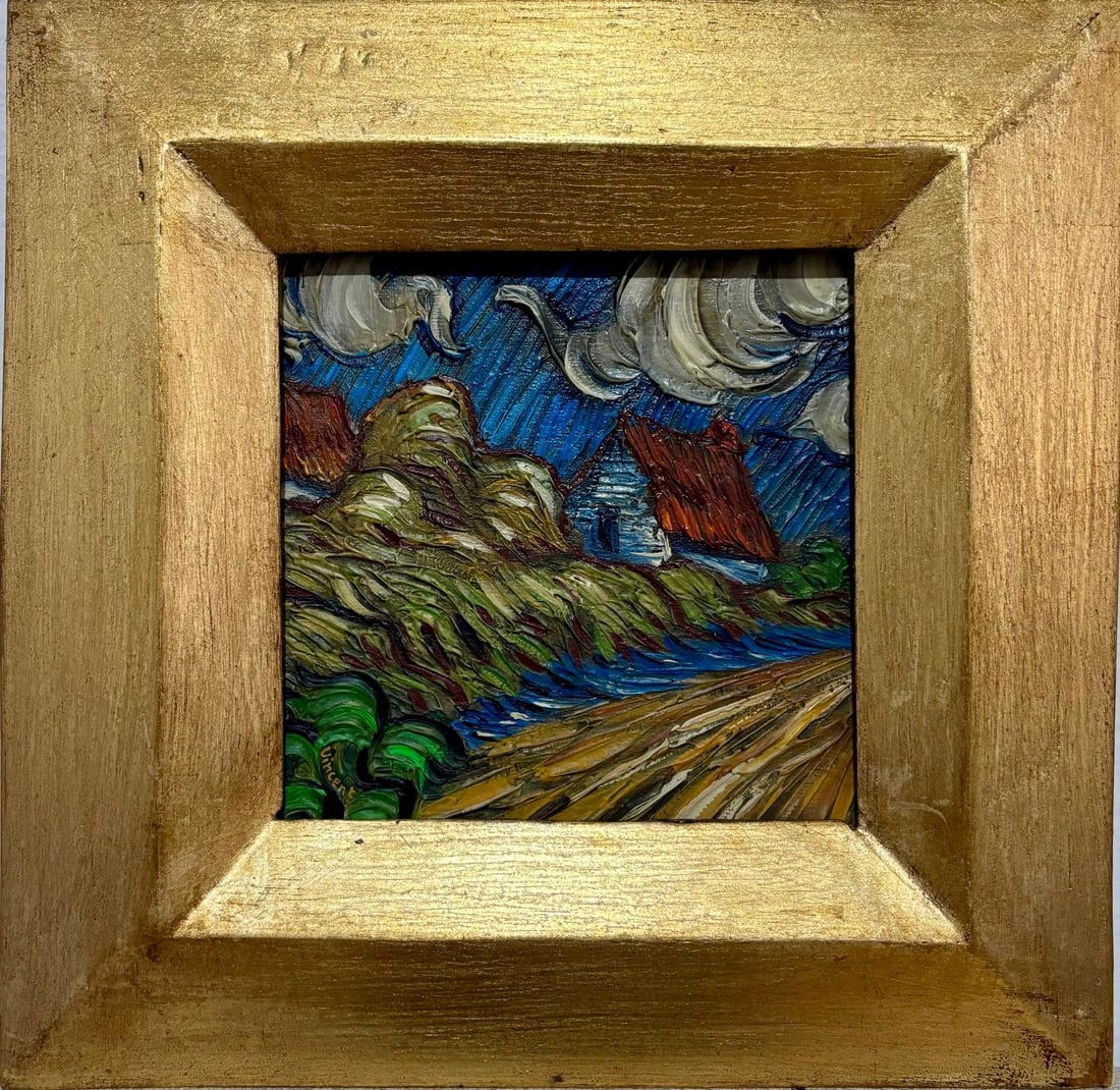 Vincent Van Gogh Dutch 1853-1890 Oil on Canvas painting in the style of.Gaugin, Monet, Degas Period: Title: Landscape Technique: Oil on Canvas Measures: 11.5 x 11.5 in Year: Circa 1891 Condition: GoodProvenance: Private collection. Acquired in 1893 by Jean-Marie Lefort, a schoolteacher from Arles wit