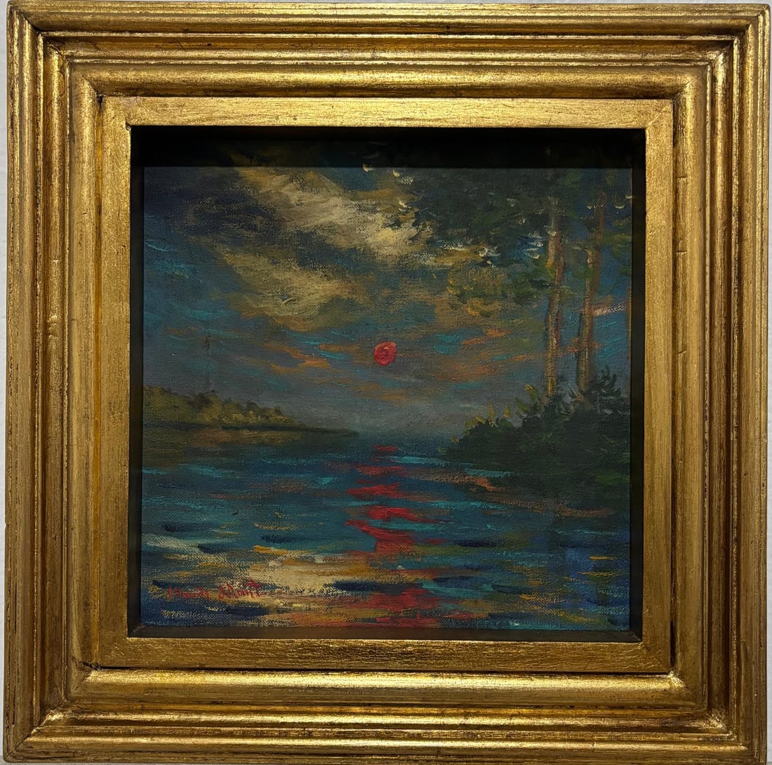 Claude Monet French 1840 - 1926 Oil on Canvas in the style of. Renoir & Manet Impressionist Era.: Title: Red Moon Over the Lake Technique: Oil on Canvas Measures: 15 x 15 in Year: Circa 1895 Condition: GoodProvenance: Private collection. First acquired in 1901 by Swiss collector Emil Hartmann from